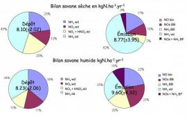 Bilan annuel d’azote atmosphérique avec répartition des sources et puits, en savanes sèche et humide, en kgN.ha-1.yr-1. BB = combustion de biomasse, BF = feux domestiques, bio = biogénique par les sols, vol = volatilisation, wd = dépôt humide, dd = dépôt sec gazeux.